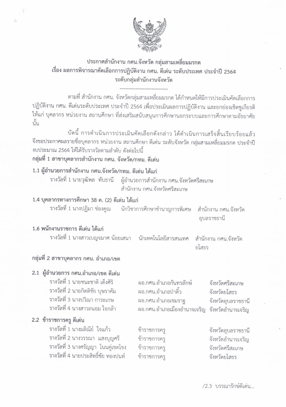 ประกาศ เรื่อง ผลพิจารณาคัดเลือกการปฏิบัติงาน กศน.ดีเด่น ระดับประเทศ ประจำปี 2564 ระดับกลุ่มสำนักงานจังหวัด