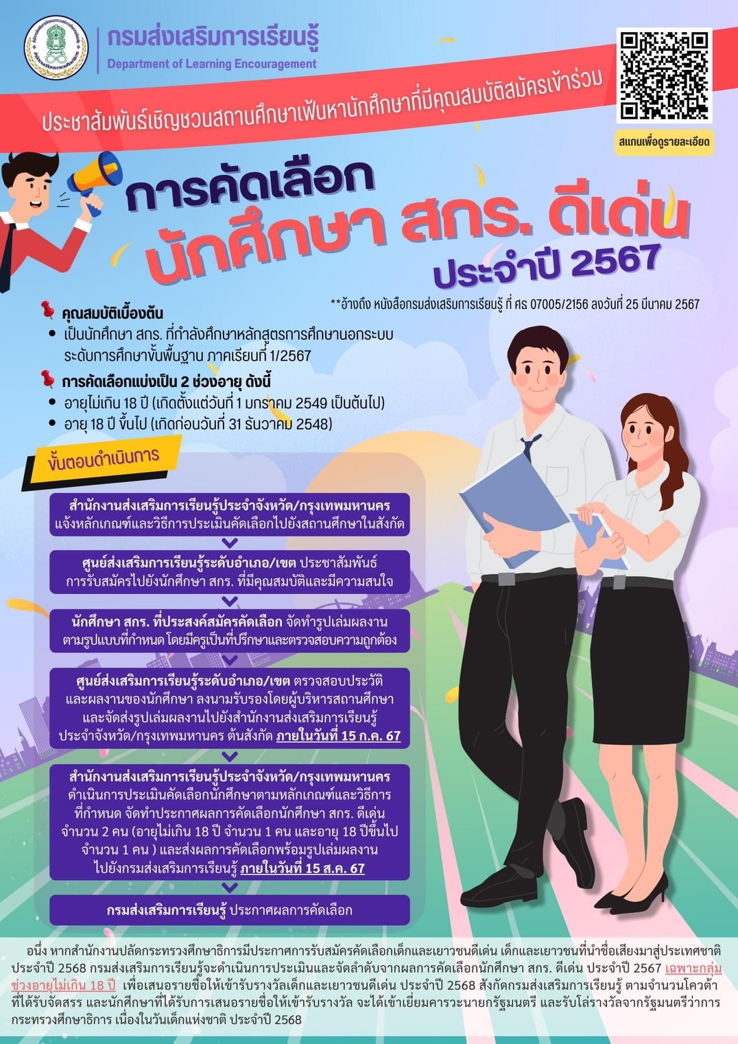 ประชาสัมพันธ์เชิญชวนสถานศึกษาเฟ้นหานักศึกษาที่มีคุณสมบัติสมัครเข้าร่วม การคัดเลือกนักศึกษา สกร.ดีเด่น ประจำปี 2567