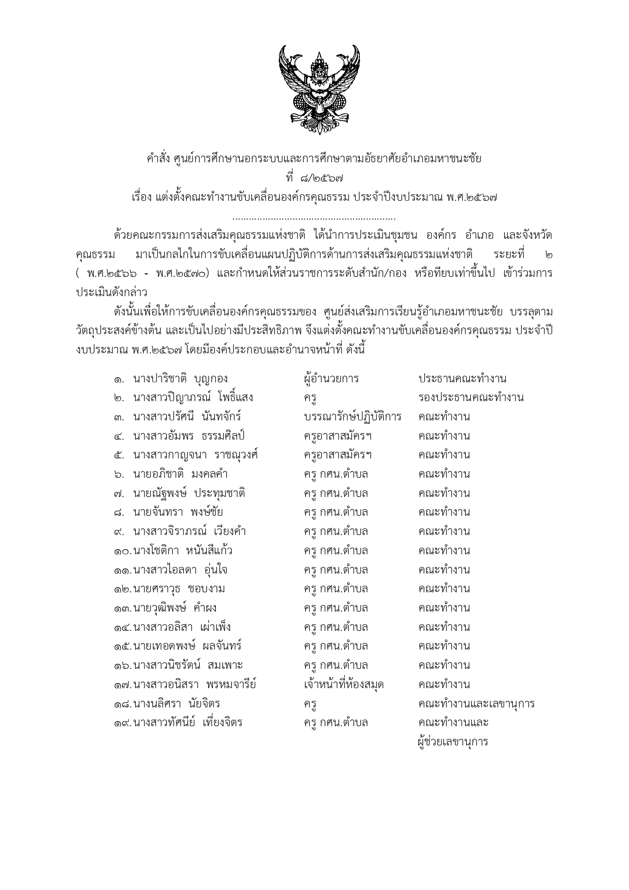 คำสั่งแต่งตั้งคณะทำงานขับเคลื่อนองค์กรคุณธรรม ประจำปีงบประมาณ พ.ศ.ศ.๒๕๖๗